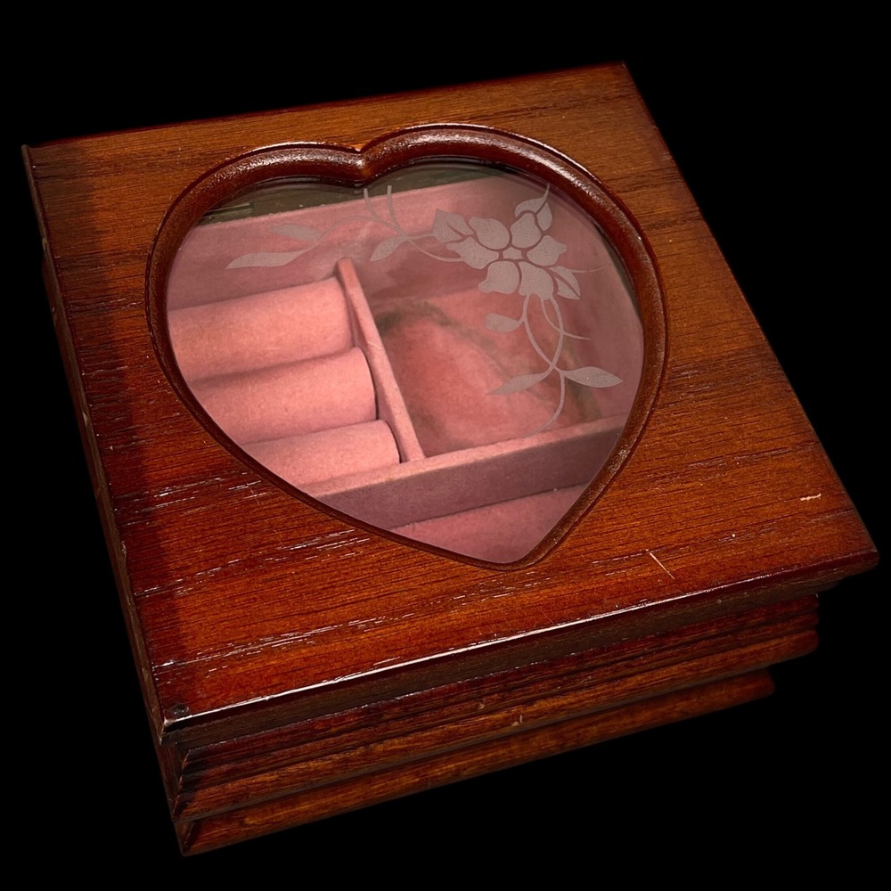 Vintage Heart Etched Glass Wood Jewelry Box Brown Floral Ring Organizer Trinket